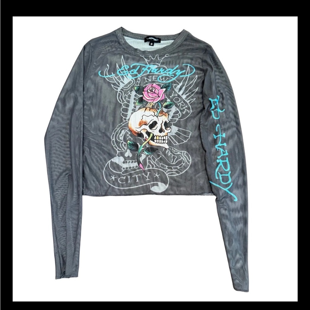 Vintage Ed Hardy Mesh Sheer Long Sleeve Top Skull Rose Tattoo Graphic Women’s M - Picture 1 of 10